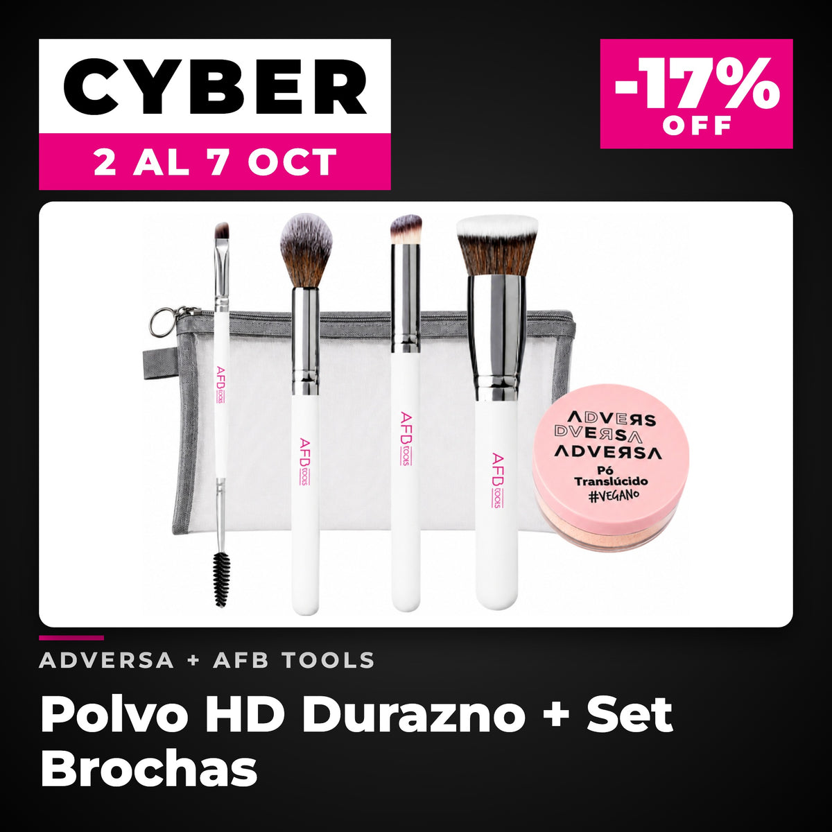 Cyber 2 al 7 octubre - Pack Polvo Translúcido HD Durazno + Set Brochas AFB TOOLS -17% OFF